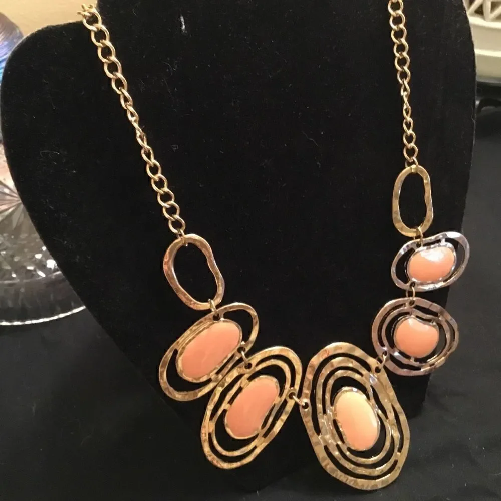 Goldtone Ovals Peach Enamel Necklace